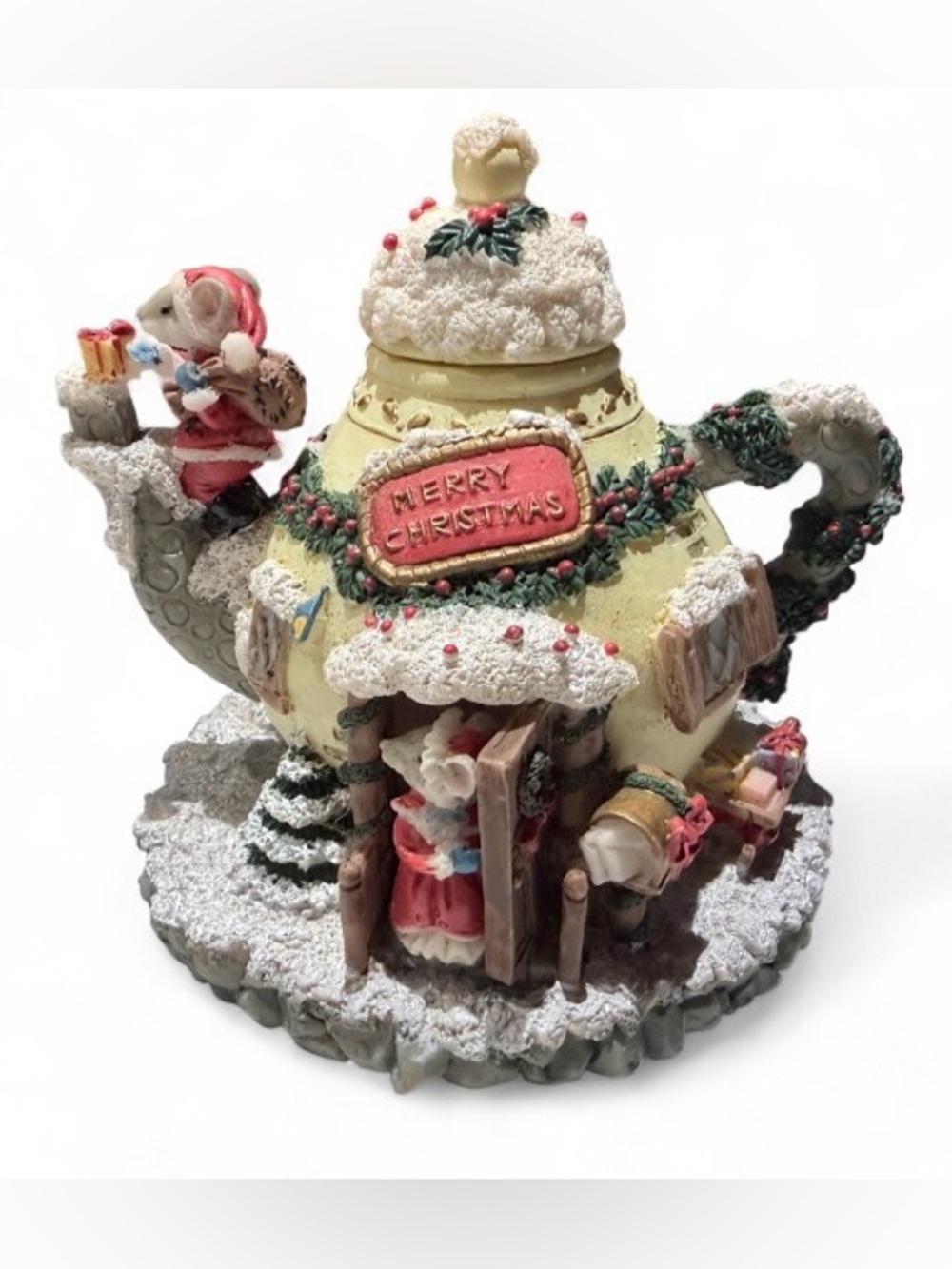 Vintage 90s Christmas Resin Decorative Teapot House with Mice & Removable Lid